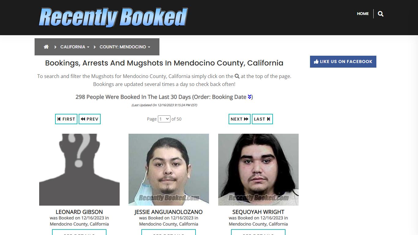 Bookings, Arrests and Mugshots in Mendocino County, California